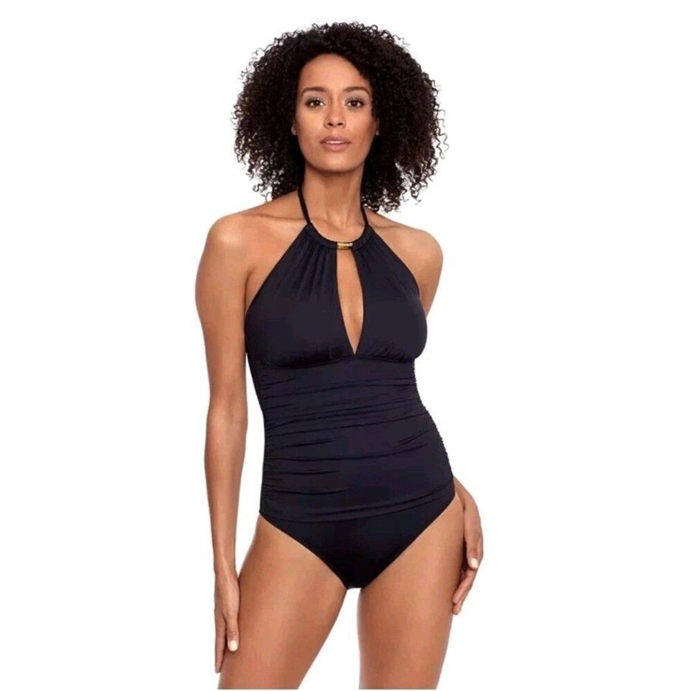 Lauren Ralph Lauren Beach Club Solid High Neck One-Piece Swimsuit Black 14 NWT